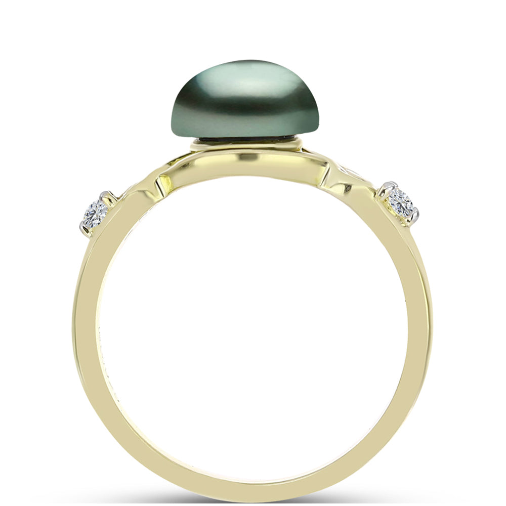 Anillo de Plata Bañada en Oro con Perla de río Tahiti verde ilusión y Topacio Blanco 2 