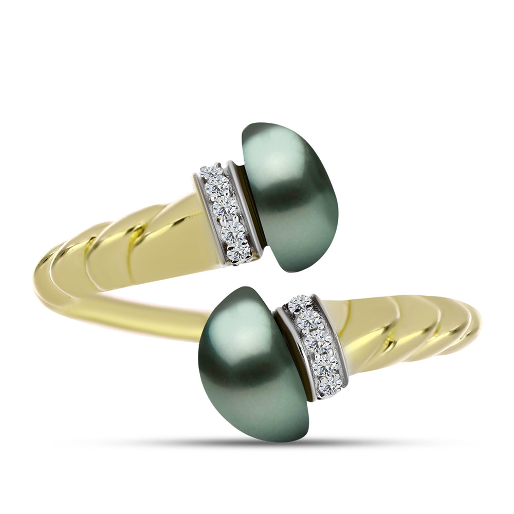 Anillo de Plata Bañada en Oro con Perla de río Tahiti verde ilusión y Topacio Blanco 1 