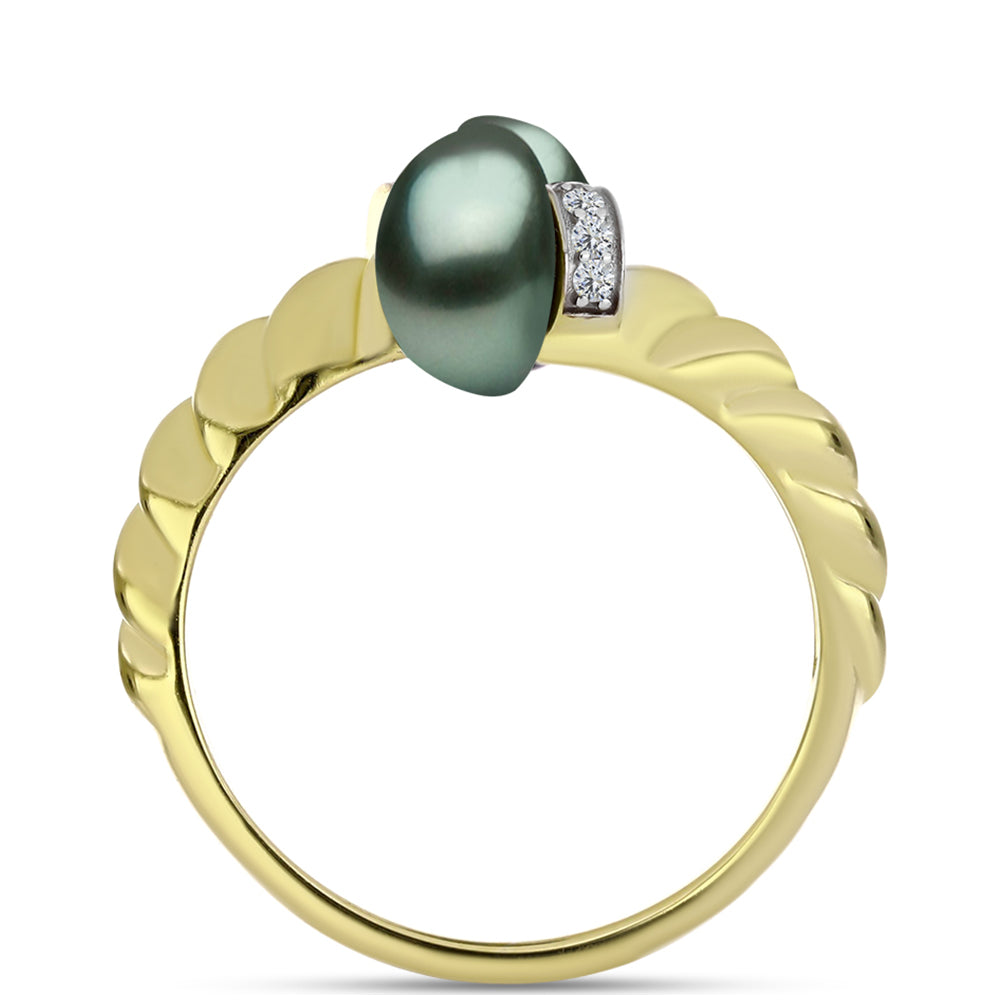 Anillo de Plata Bañada en Oro con Perla de río Tahiti verde ilusión y Topacio Blanco 2 