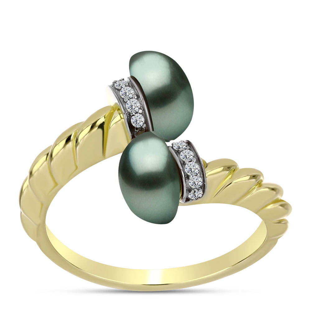 Anillo de Plata Bañada en Oro con Perla de río Tahiti verde ilusión y Topacio Blanco 3 