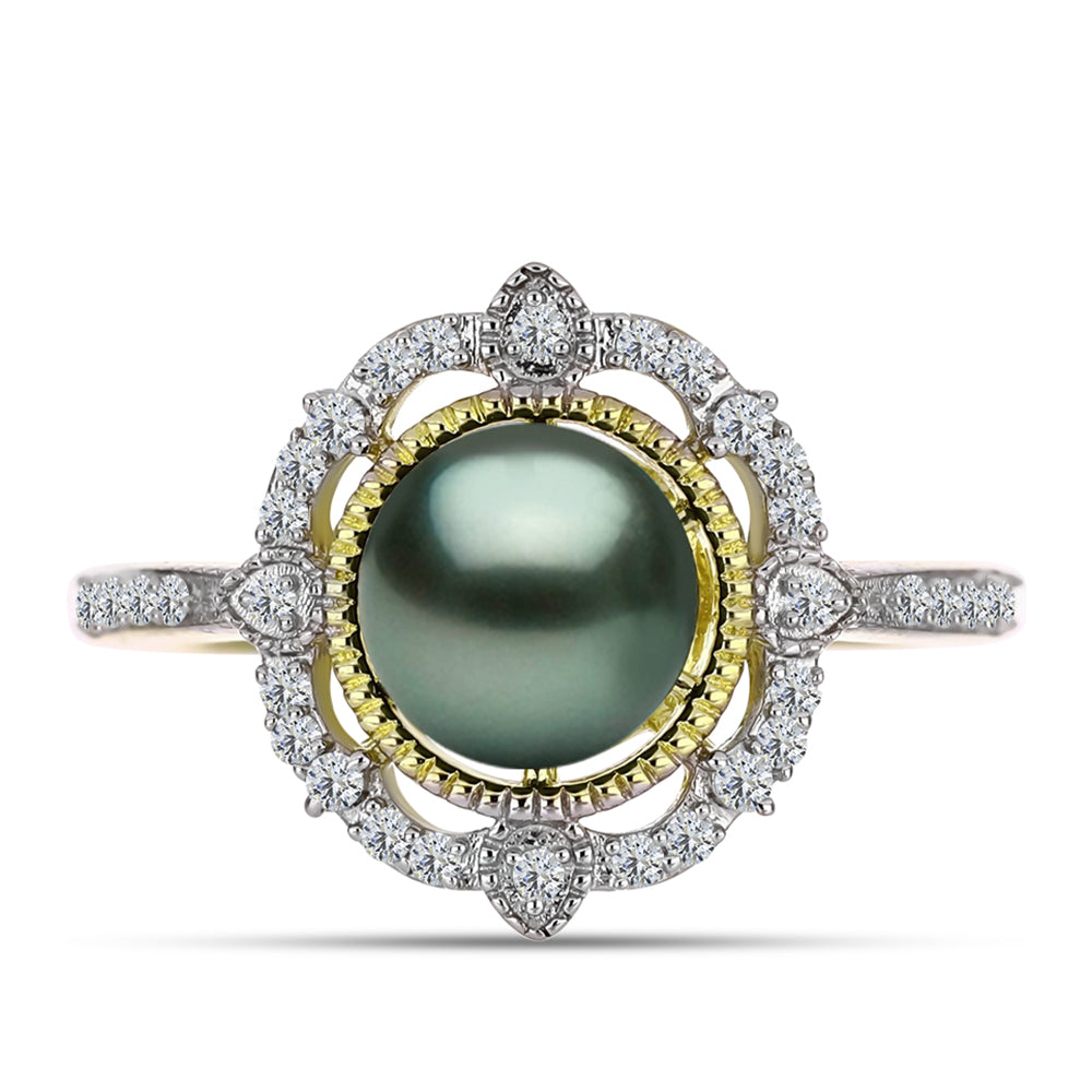 Anillo de Plata Bañada en Oro con Perla de río Tahiti verde ilusión y Topacio Blanco