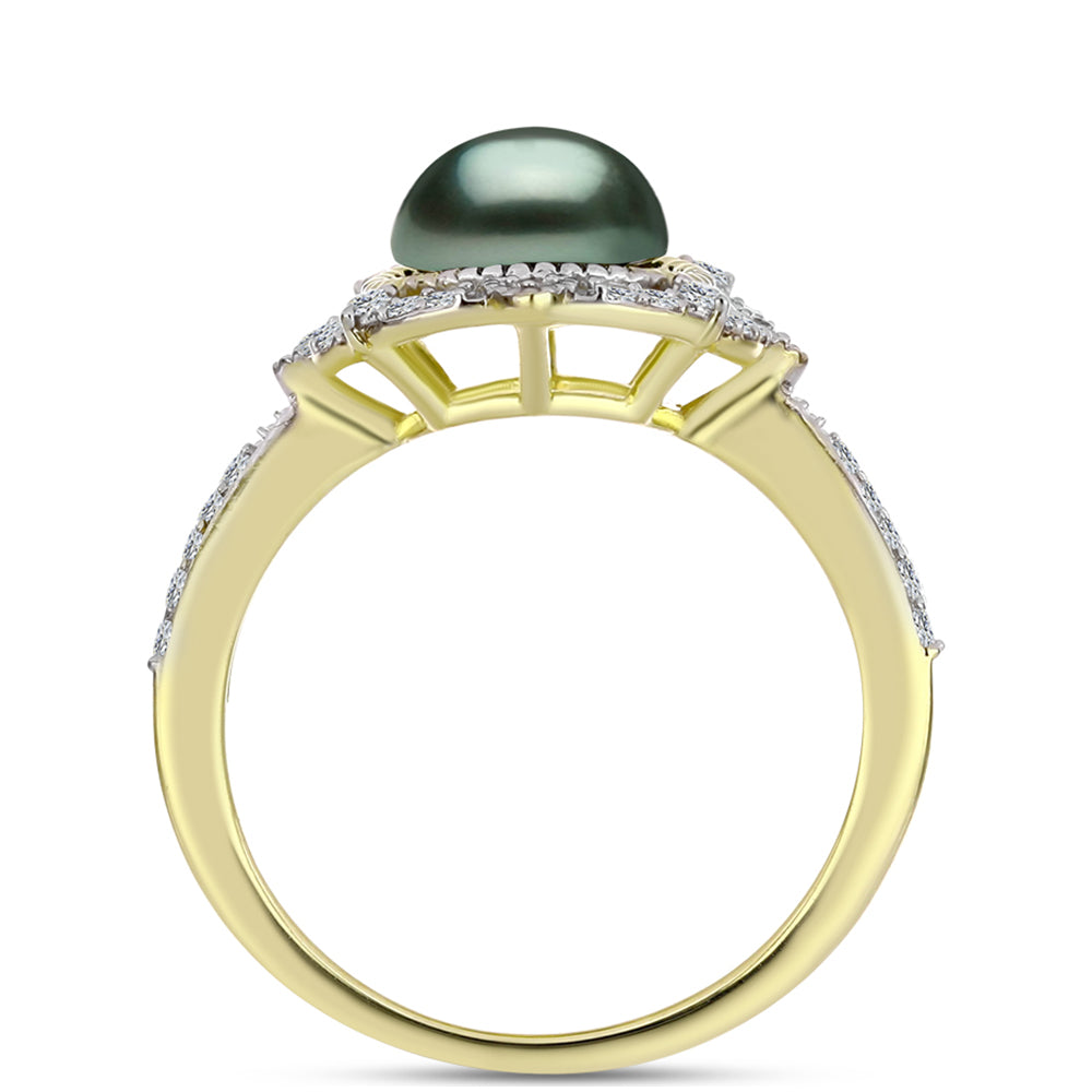 Anillo de Plata Bañada en Oro con Perla de río Tahiti verde ilusión y Topacio Blanco