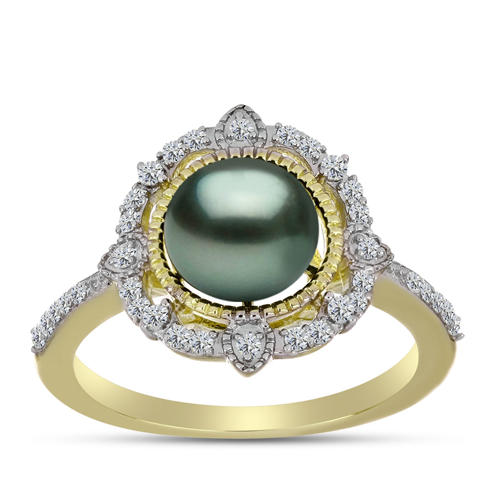 Anillo de Plata Bañada en Oro con Perla de río Tahiti verde ilusión y Topacio Blanco 3 