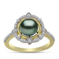 Anillo de Plata Bañada en Oro con Perla de río Tahiti verde ilusión y Topacio Blanco