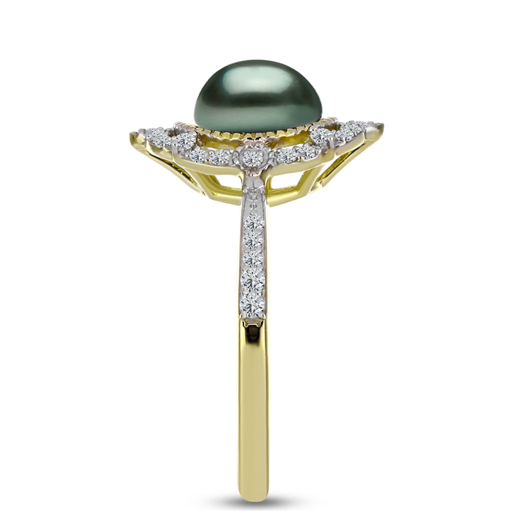 Anillo de Plata Bañada en Oro con Perla de río Tahiti verde ilusión y Topacio Blanco