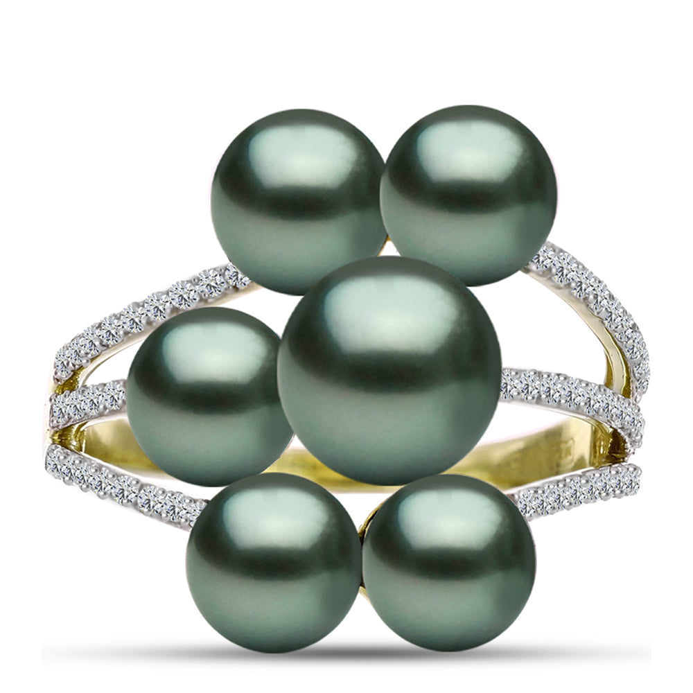 Anillo de Plata Bañada en Oro con Perla de río Tahiti verde ilusión y Topacio Blanco