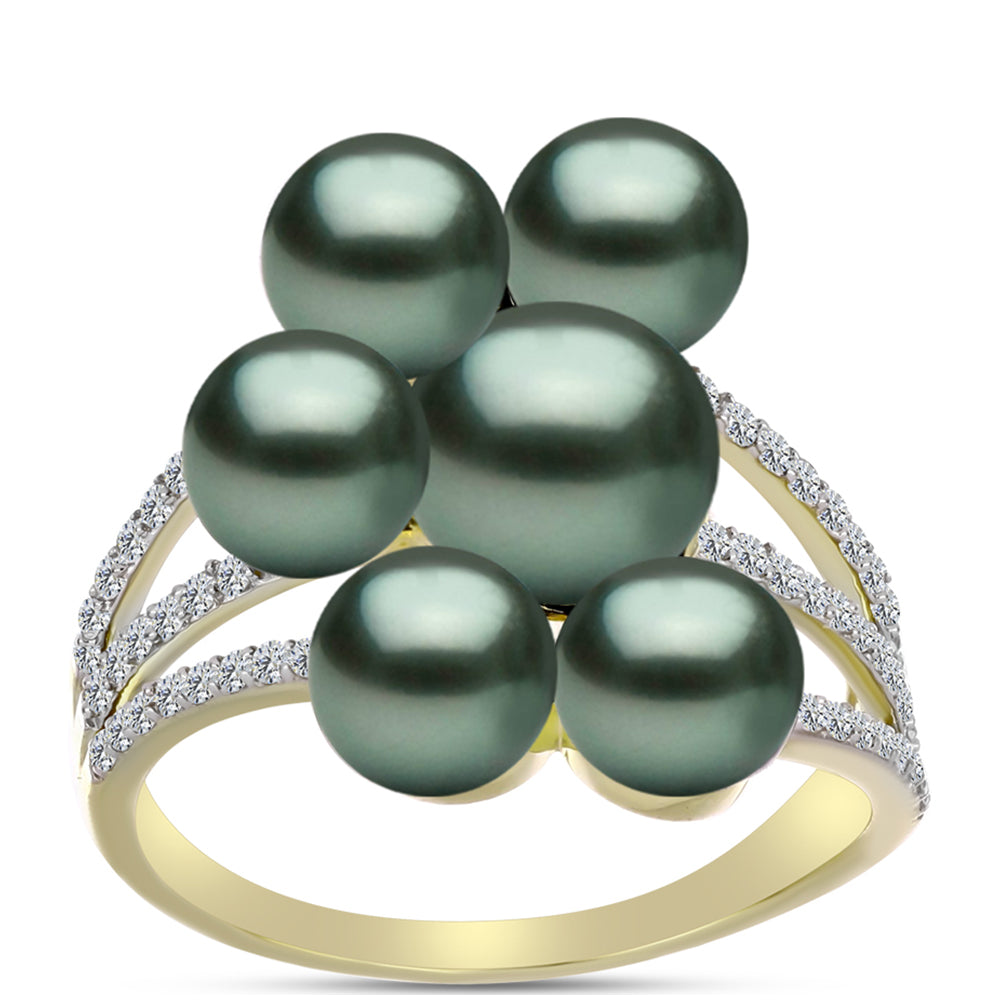 Anillo de Plata Bañada en Oro con Perla de río Tahiti verde ilusión y Topacio Blanco
