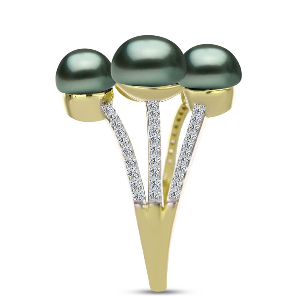 Anillo de Plata Bañada en Oro con Perla de río Tahiti verde ilusión y Topacio Blanco
