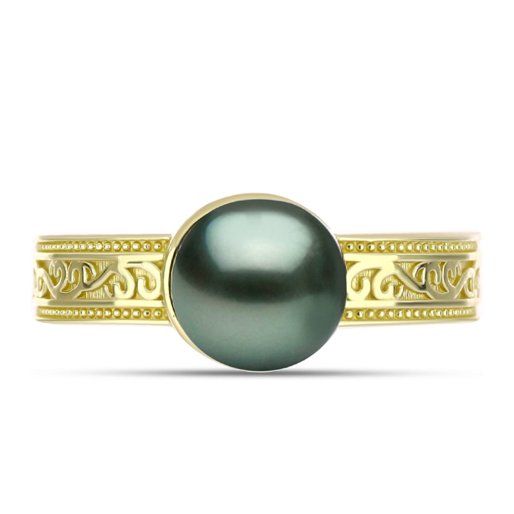 Anillo de Plata Bañada en Oro con Perla de río Tahiti verde ilusión