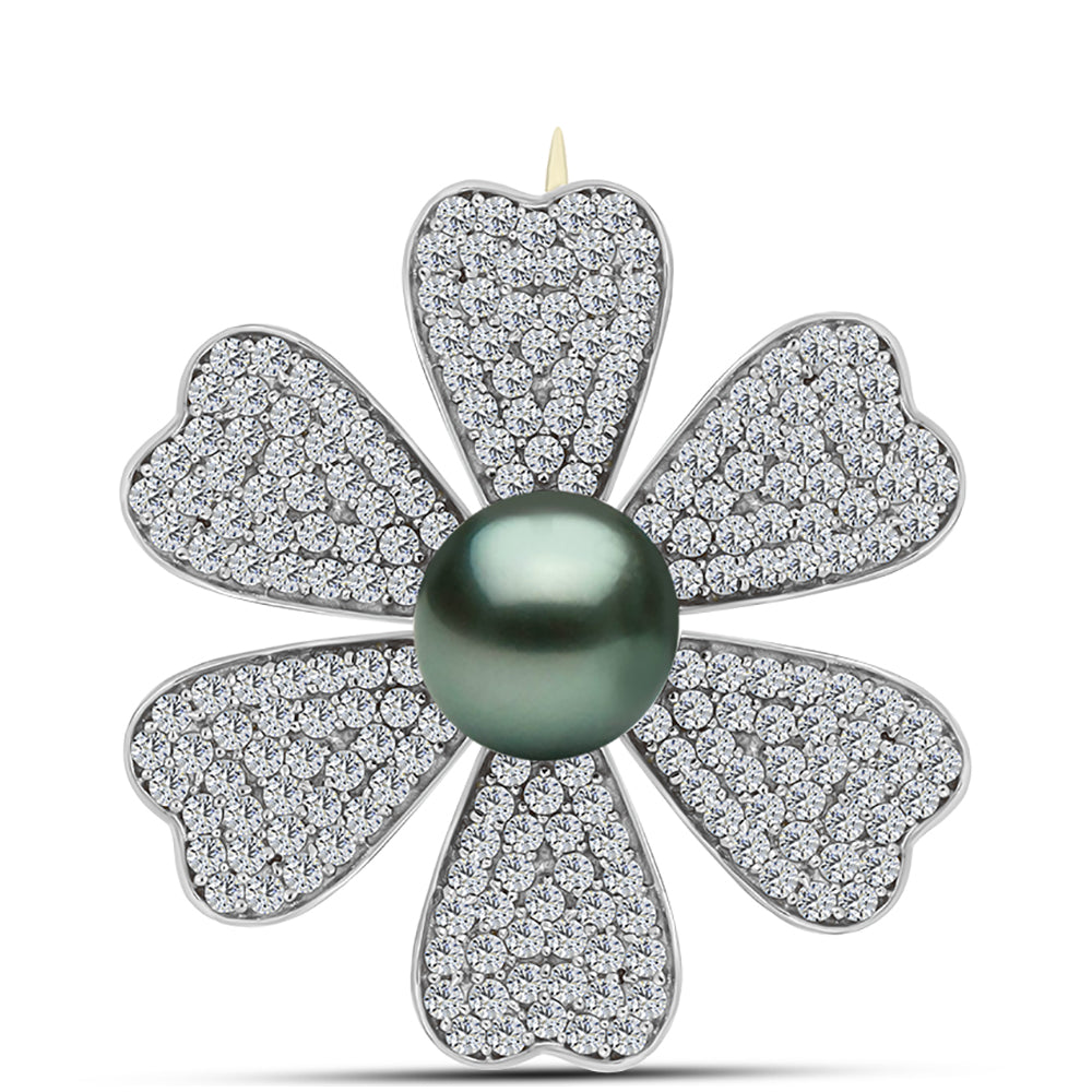Broche de Plata Bañada en Oro con Perla de río Tahiti verde ilusión y Topacio Blanco