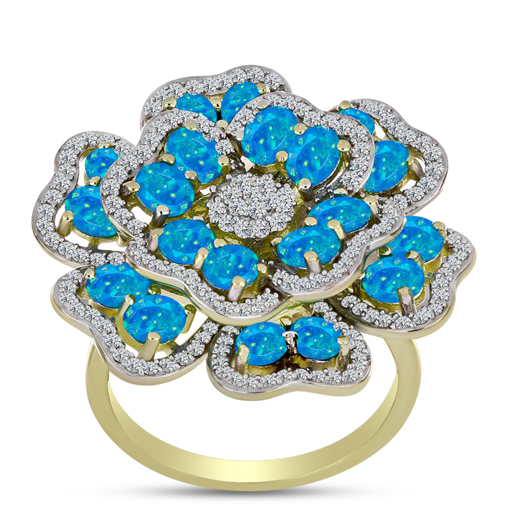 Anillo de Plata Bañada en Oro con Ópalo Azul Paraiba de Etiopía y Topacio Blanco 2 