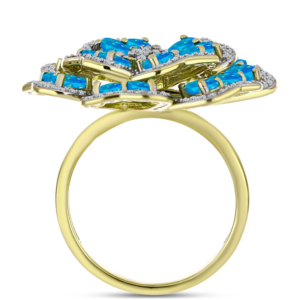 Anillo de Plata Bañada en Oro con Ópalo Azul Paraiba de Etiopía y Topacio Blanco 4 