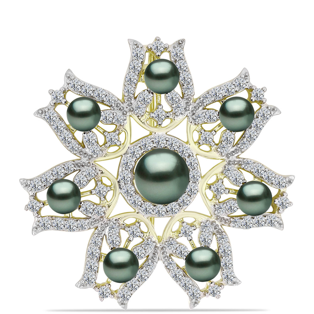Broche de Plata Bañada en Oro con Perla de río Tahiti verde ilusión y Topacio Blanco