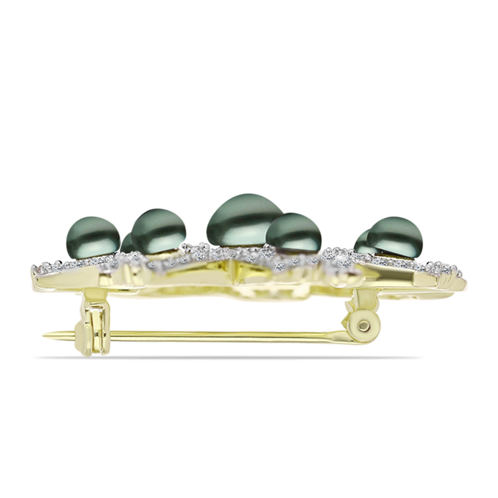 Broche de Plata Bañada en Oro con Perla de río Tahiti verde ilusión y Topacio Blanco 2 