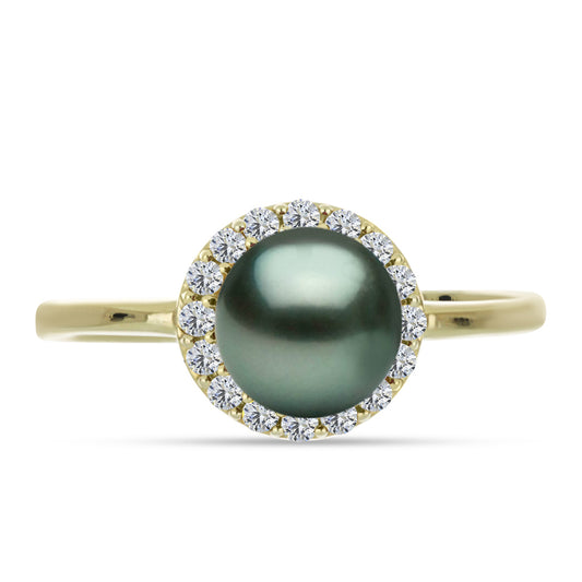 Anillo de Plata Bañada en Oro con Perla de río Tahiti verde ilusión y Topacio Blanco