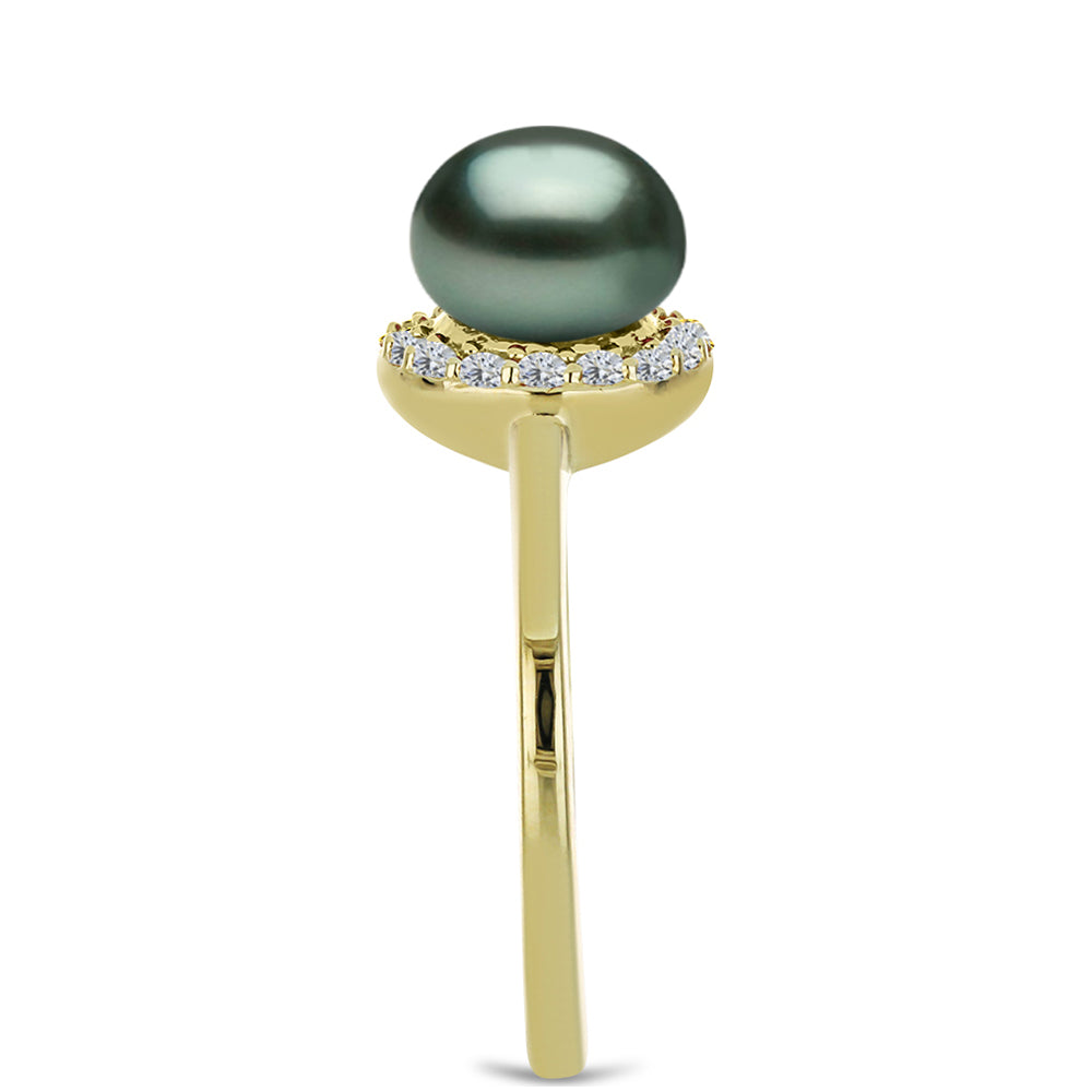 Anillo de Plata Bañada en Oro con Perla de río Tahiti verde ilusión y Topacio Blanco