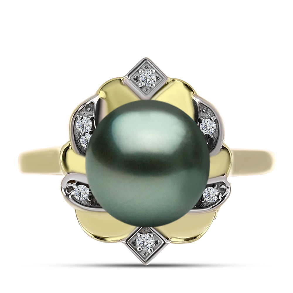 Anillo de Plata Bañada en Oro con Perla de río Tahiti verde ilusión y Topacio Blanco 1 