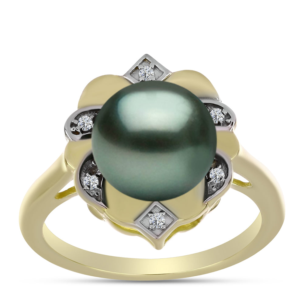Anillo de Plata Bañada en Oro con Perla de río Tahiti verde ilusión y Topacio Blanco 3 