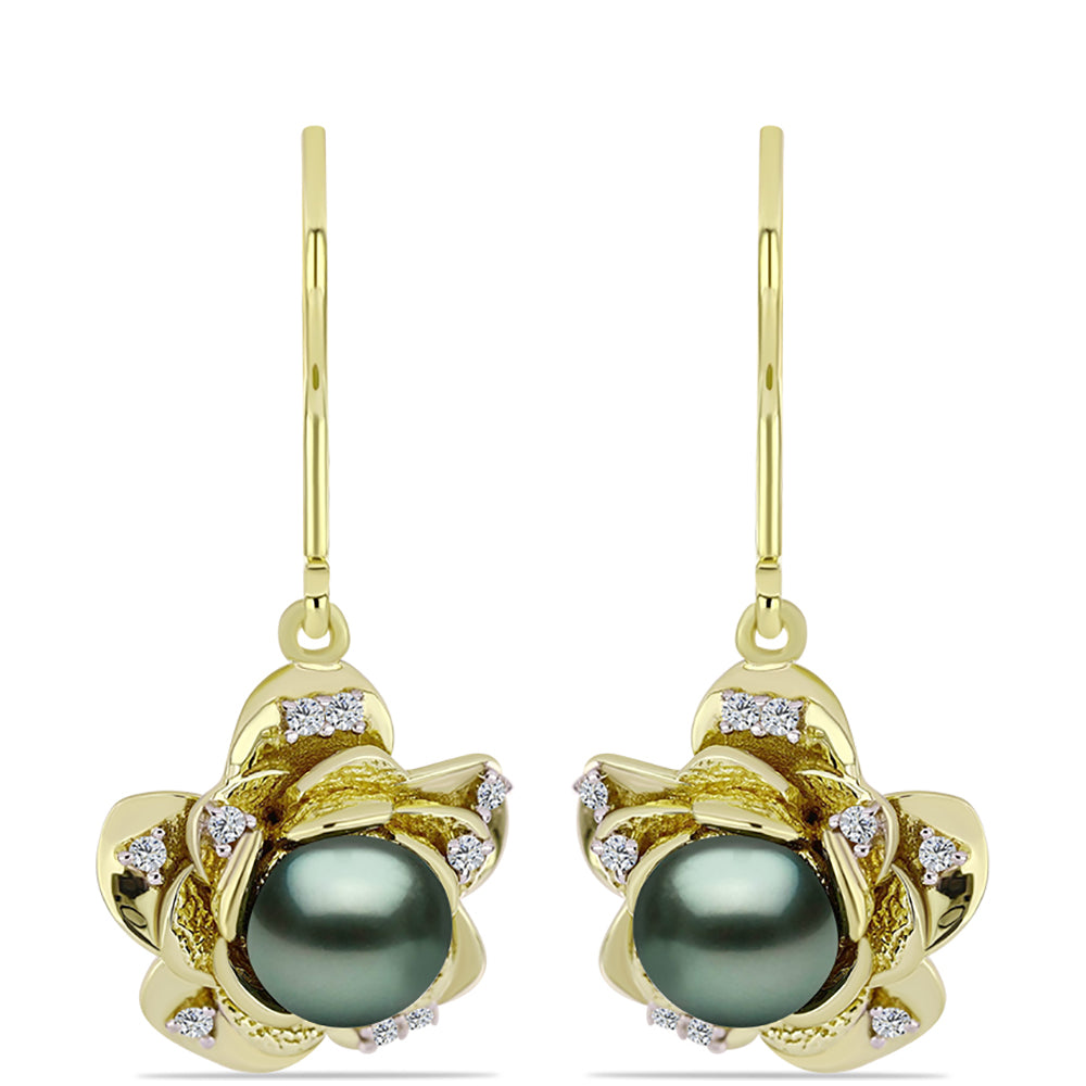 Pendientes de Plata Bañada en Oro con Perla de río Tahiti verde ilusión y Topacio Blanco