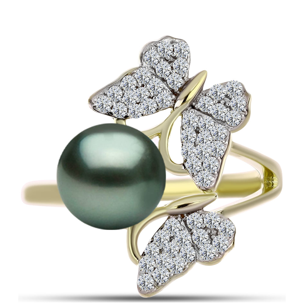 Anillo de Plata Bañada en Oro con Perla de río Tahiti verde ilusión y Topacio Blanco 1 