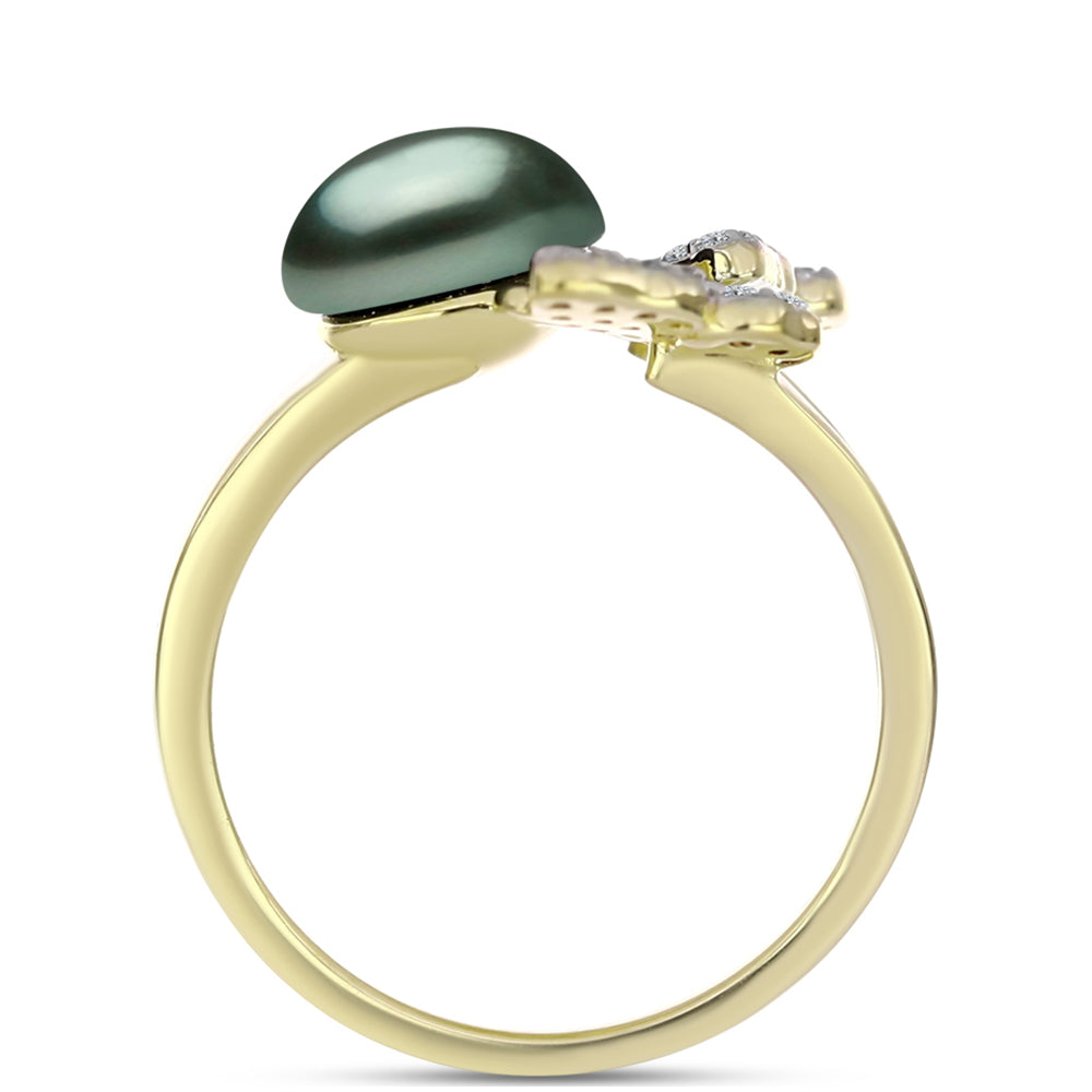 Anillo de Plata Bañada en Oro con Perla de río Tahiti verde ilusión y Topacio Blanco