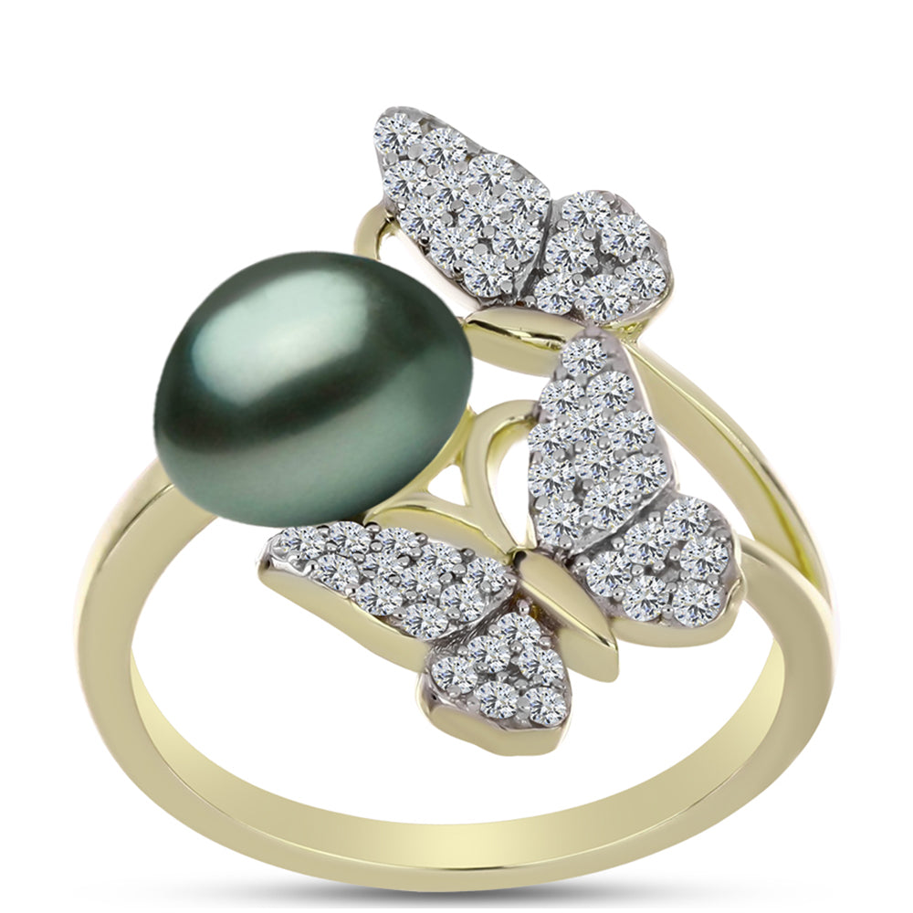 Anillo de Plata Bañada en Oro con Perla de río Tahiti verde ilusión y Topacio Blanco 3 