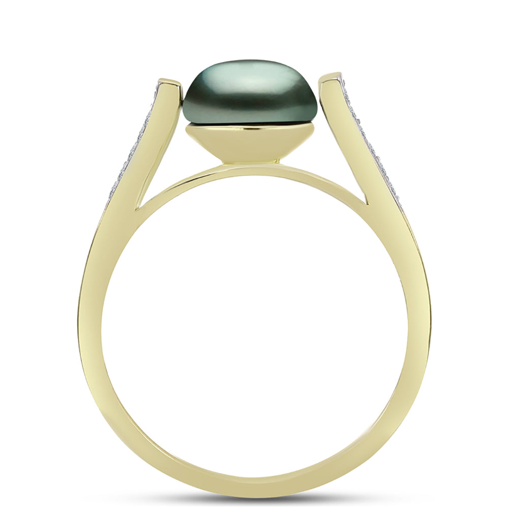 Anillo de Plata Bañada en Oro con Perla de río Tahiti verde ilusión y Topacio Blanco 2 