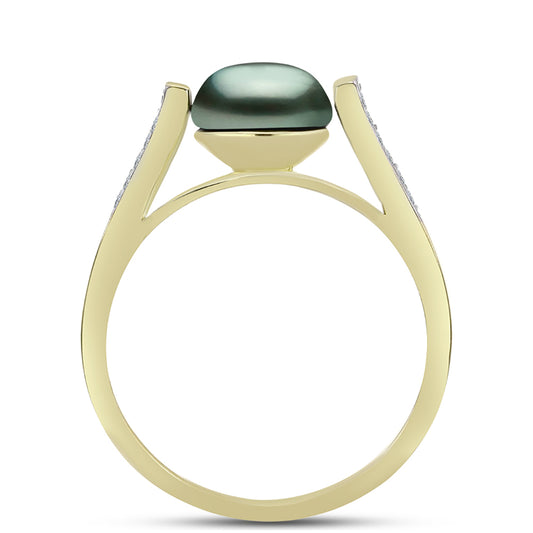 Anillo de Plata Bañada en Oro con Perla de río Tahiti verde ilusión y Topacio Blanco