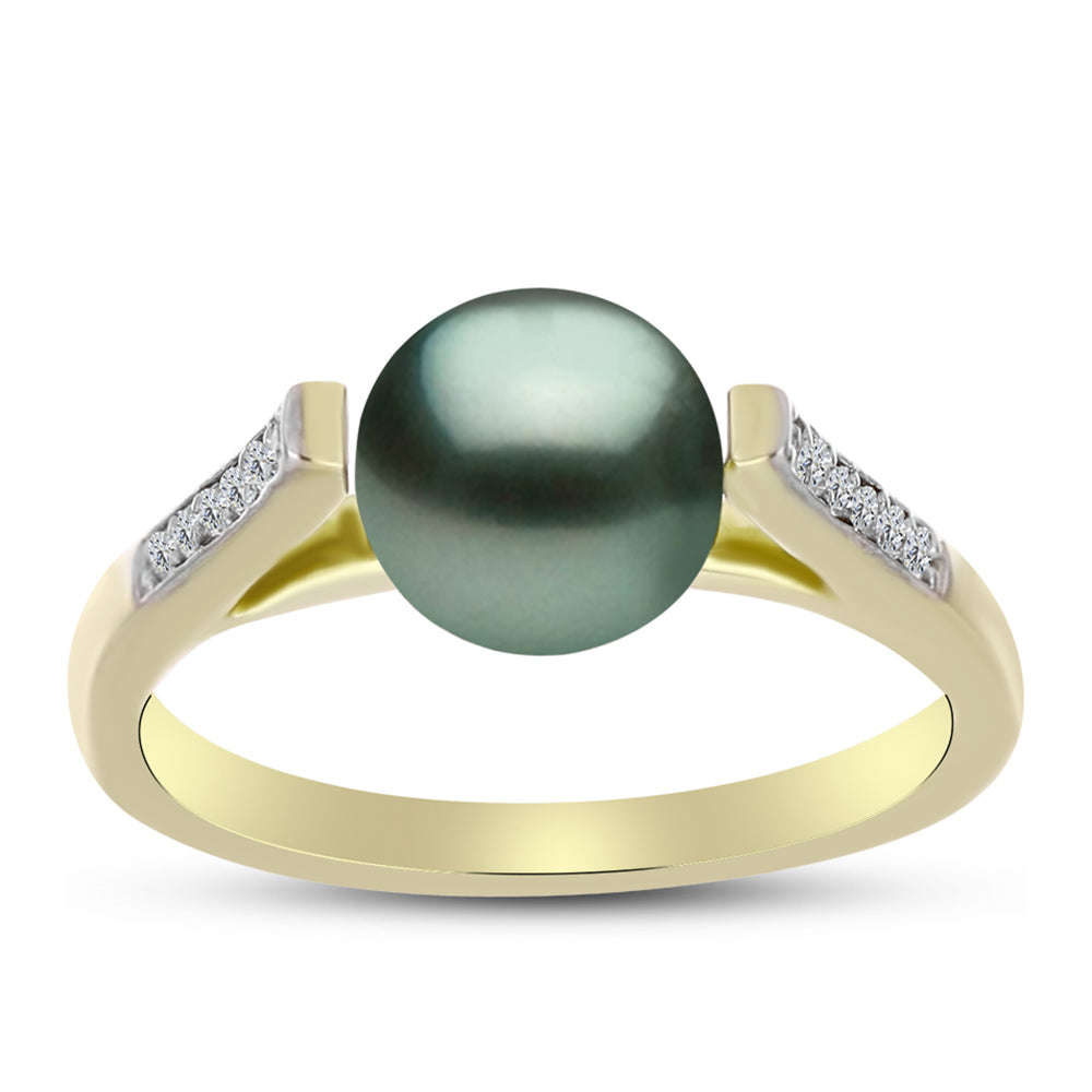 Anillo de Plata Bañada en Oro con Perla de río Tahiti verde ilusión y Topacio Blanco