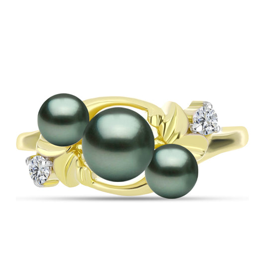 Anillo de Plata Bañada en Oro con Perla de río Tahiti verde ilusión y Topacio Blanco