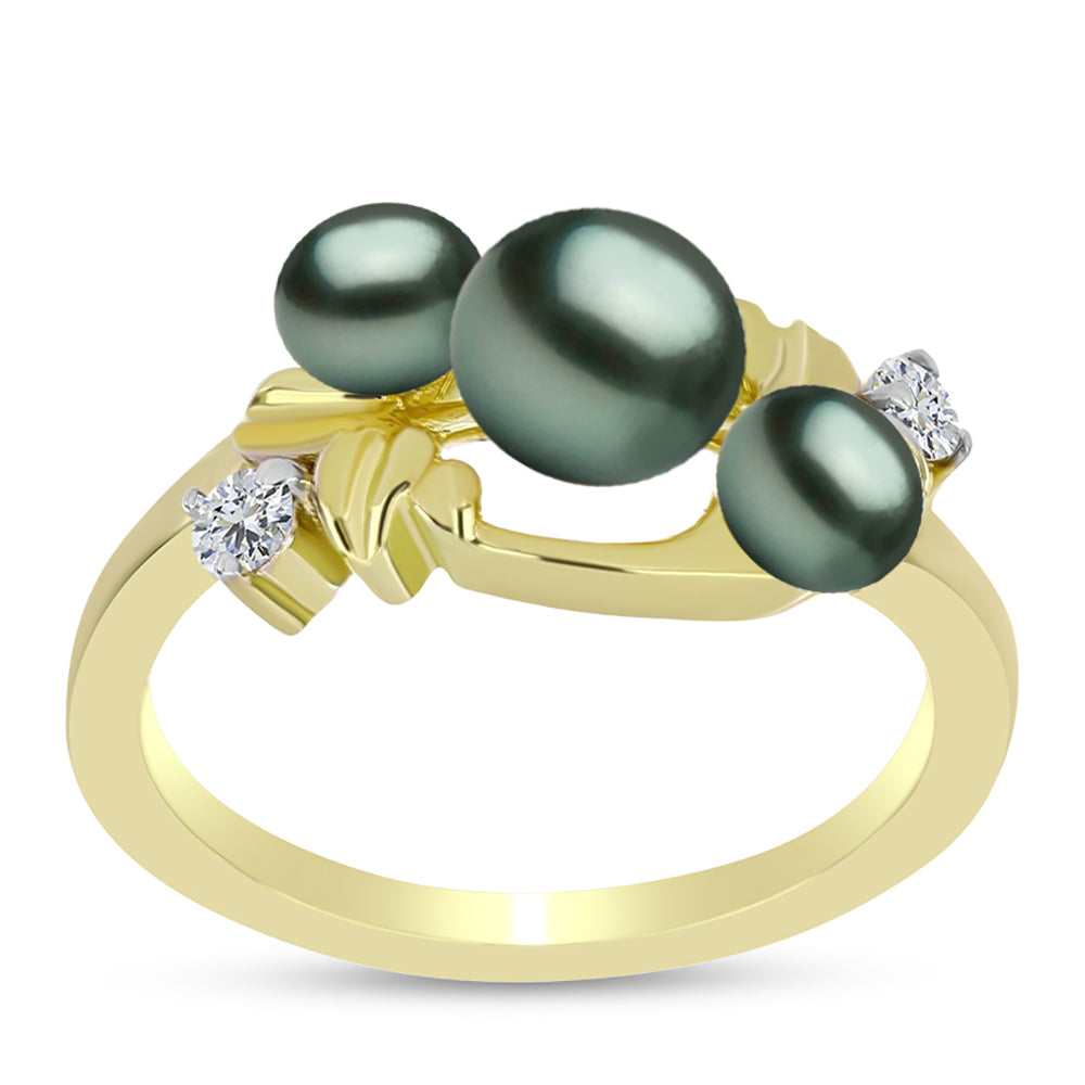 Anillo de Plata Bañada en Oro con Perla de río Tahiti verde ilusión y Topacio Blanco 3 