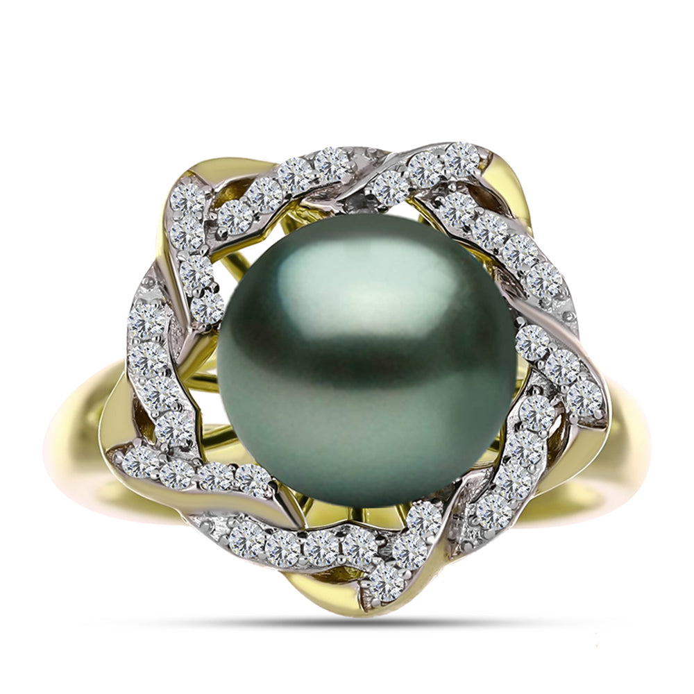 Anillo de Plata Bañada en Oro con Perla de río Tahiti verde ilusión y Topacio Blanco 1 