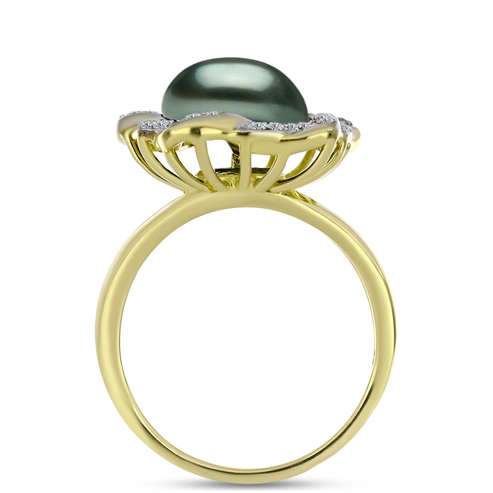 Anillo de Plata Bañada en Oro con Perla de río Tahiti verde ilusión y Topacio Blanco