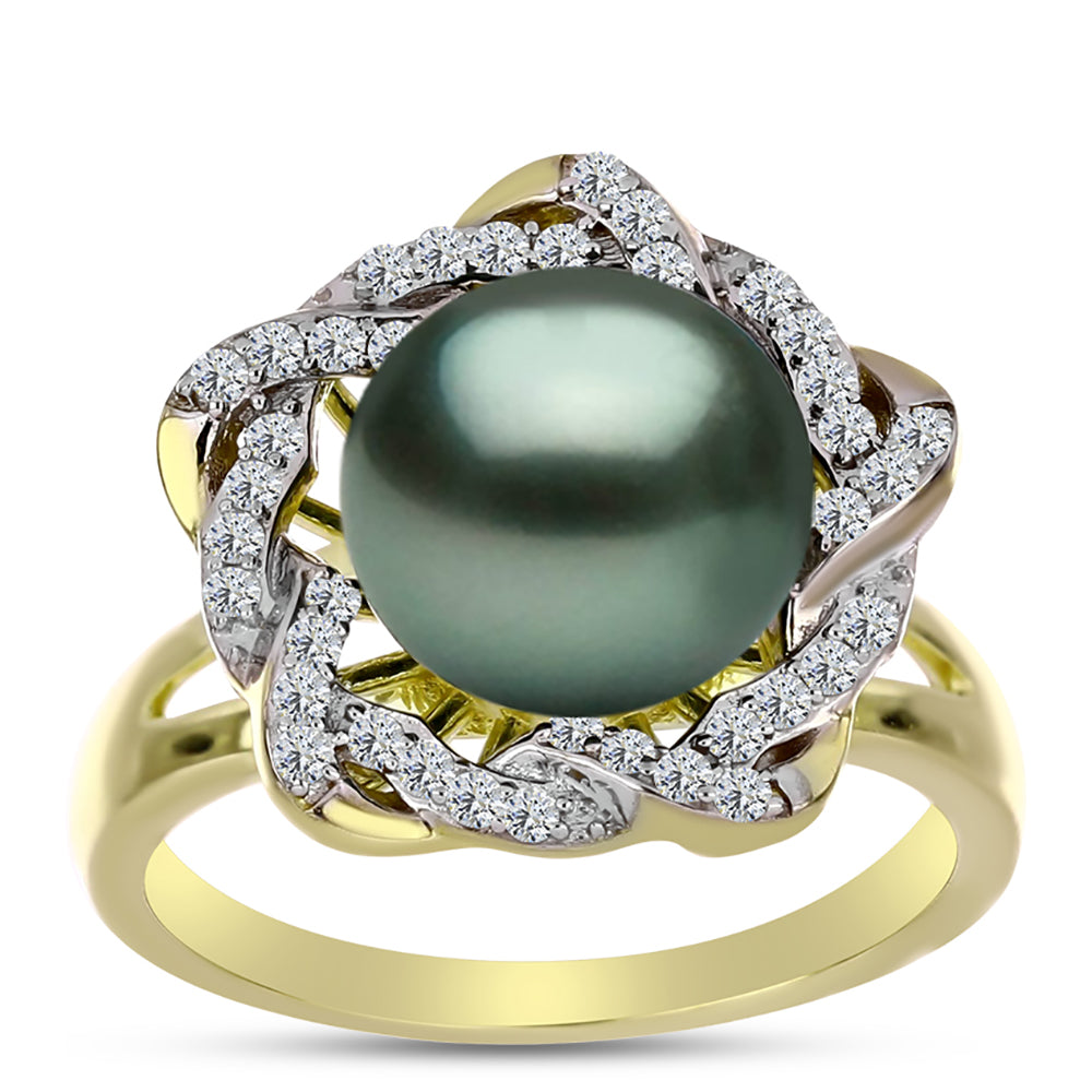 Anillo de Plata Bañada en Oro con Perla de río Tahiti verde ilusión y Topacio Blanco