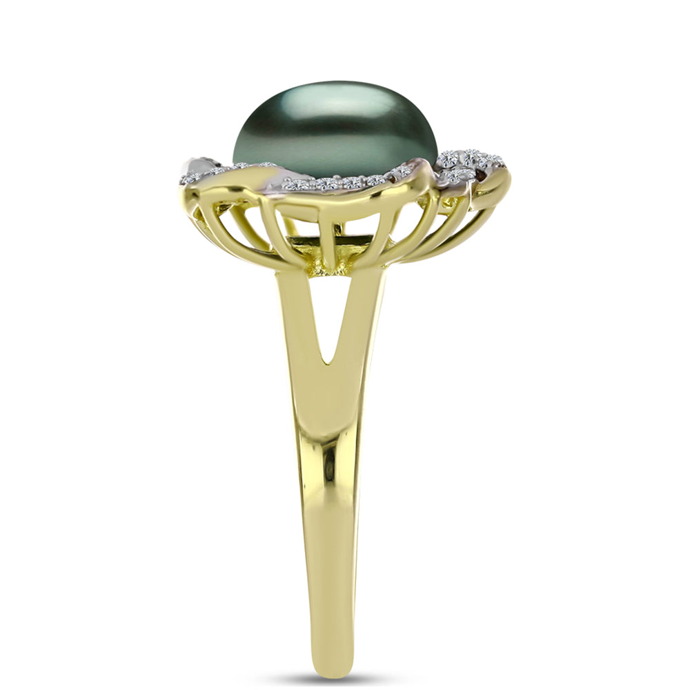 Anillo de Plata Bañada en Oro con Perla de río Tahiti verde ilusión y Topacio Blanco