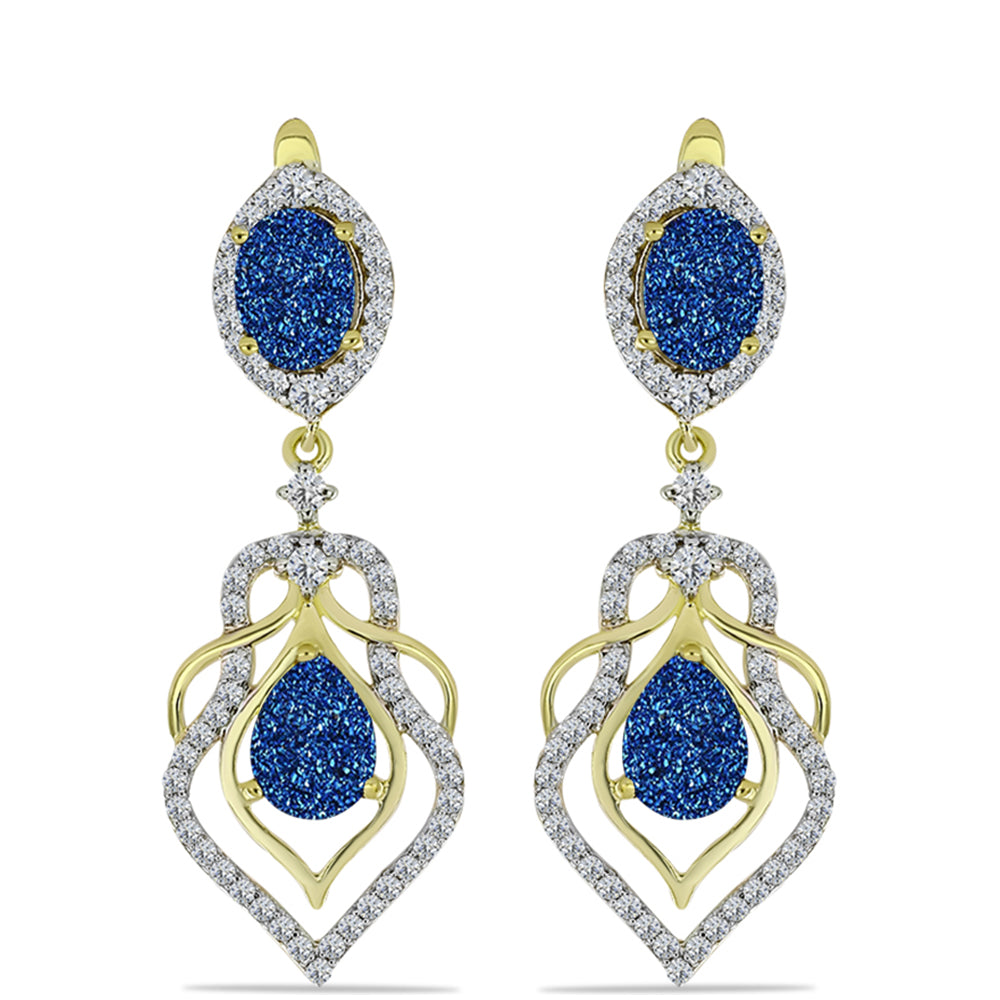 Pendientes de Plata Bañada en Oro con Drusa Azul y Topacio Blanco 1 