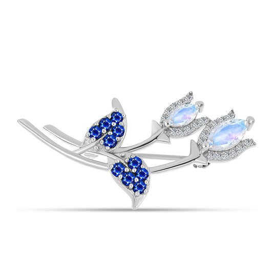 Broche de Plata con Zafiro Azul Australiano y Piedra Lunar Arco Iris