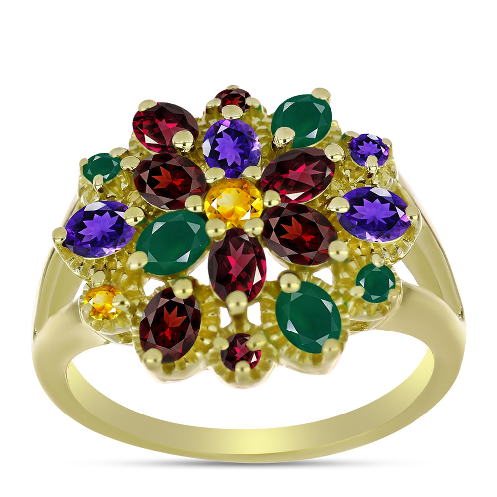 Anillo de Plata Bañada en Oro con Amatista de Marruecos y Ágata Verde