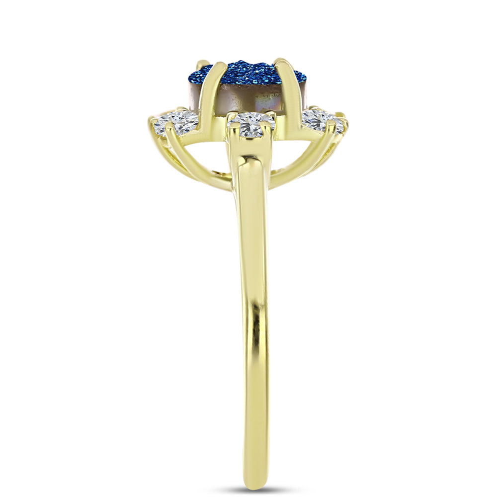 Anillo de Plata Bañada en Oro con Drusa Azul y Topacio Blanco