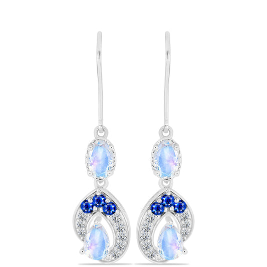 Pendientes de Plata con Zafiro Azul Australiano y Piedra Lunar Arco Iris