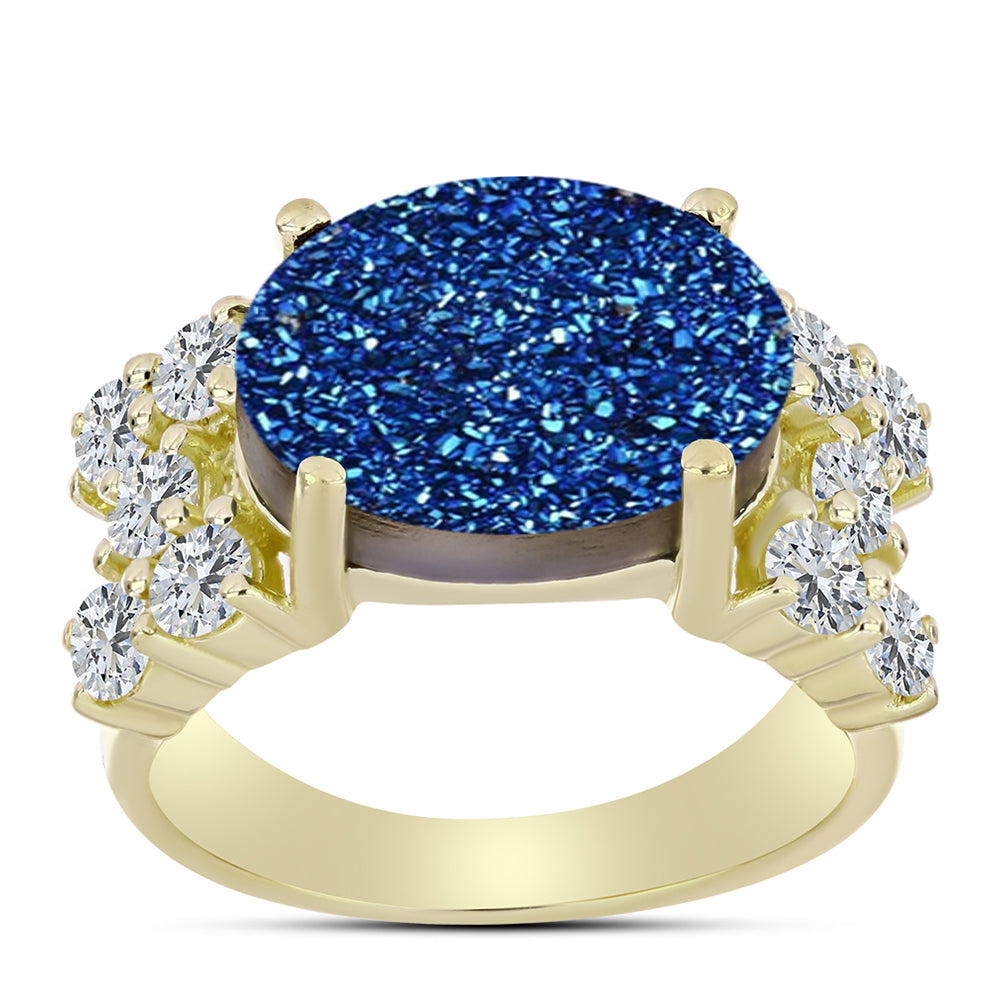 Anillo de Plata Bañada en Oro con Drusa Azul y Topacio Blanco 3 