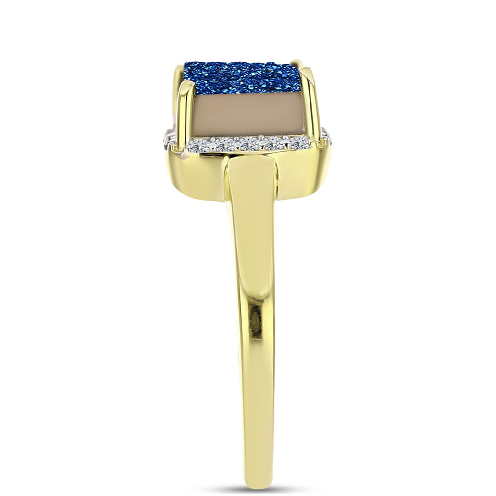 Anillo de Plata Bañada en Oro con Drusa Azul y Topacio Blanco
