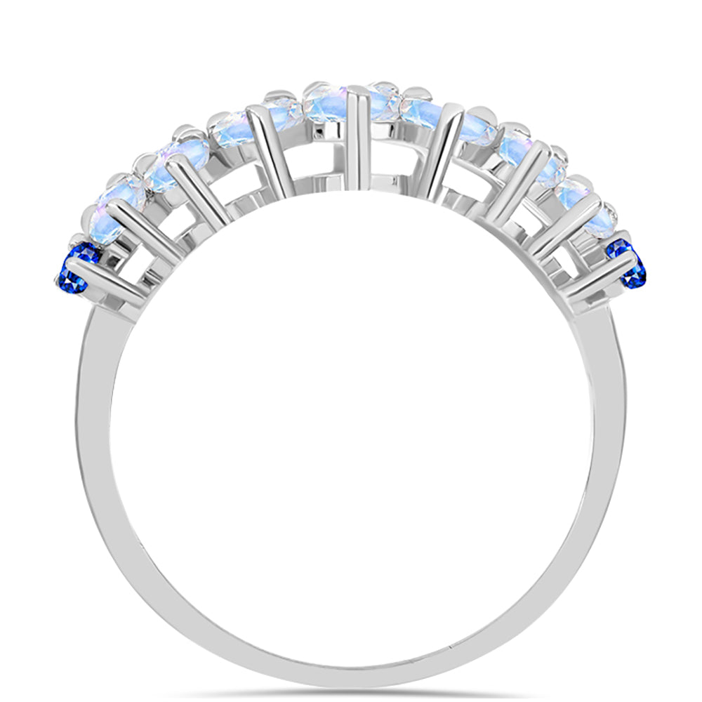 Anillo de Plata con Zafiro Azul Australiano y Piedra Lunar Arco Iris