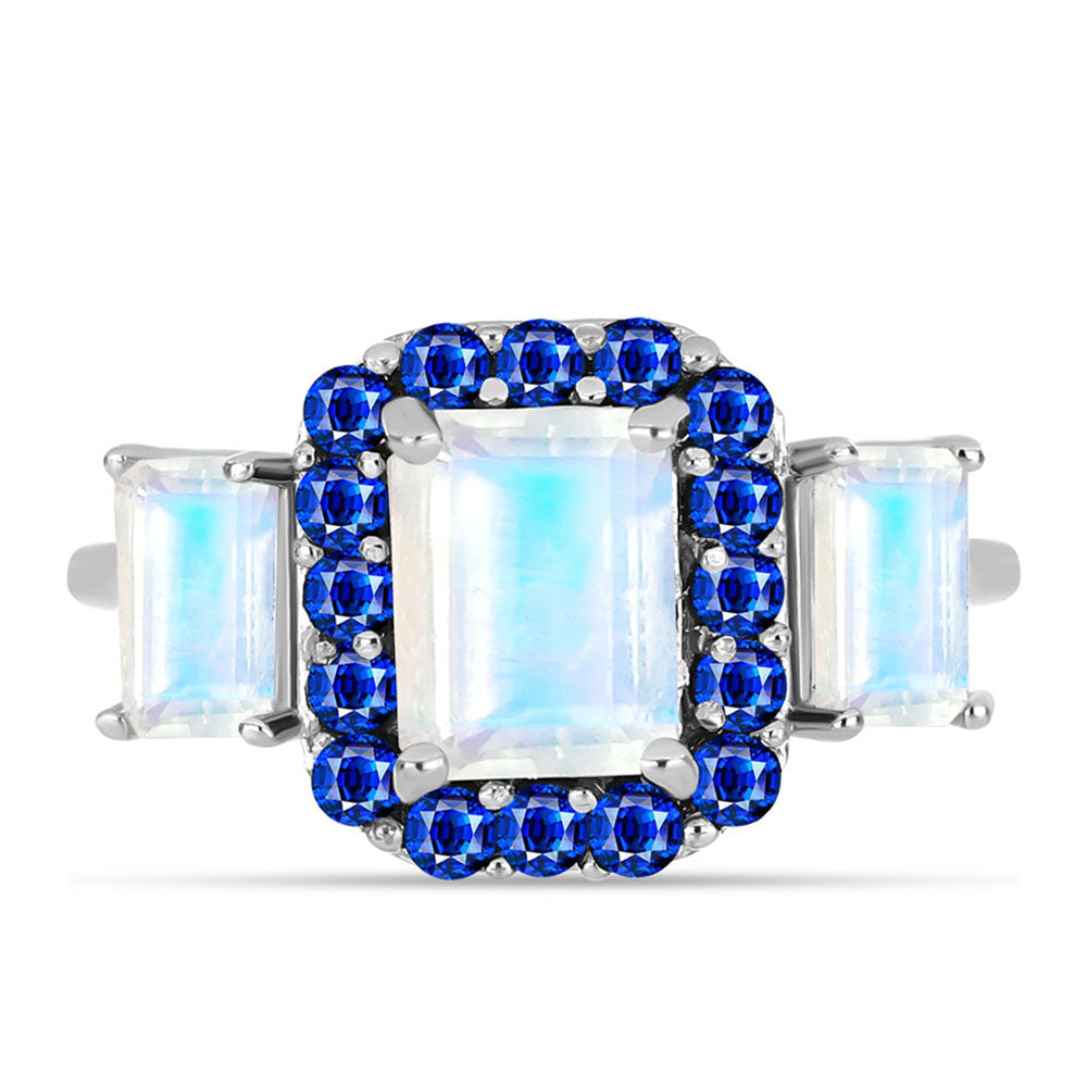 Anillo de Plata con Zafiro Azul Australiano y Piedra Lunar Arco Iris 1 