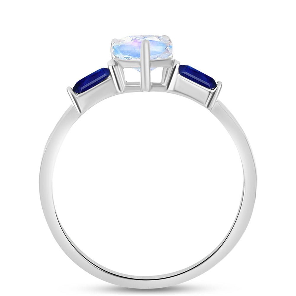Anillo de Plata con Zafiro Azul Australiano y Piedra Lunar Arco Iris