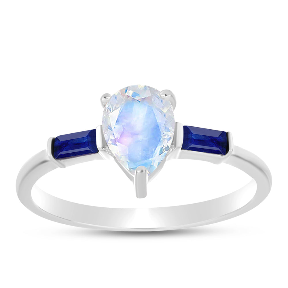 Anillo de Plata con Zafiro Azul Australiano y Piedra Lunar Arco Iris