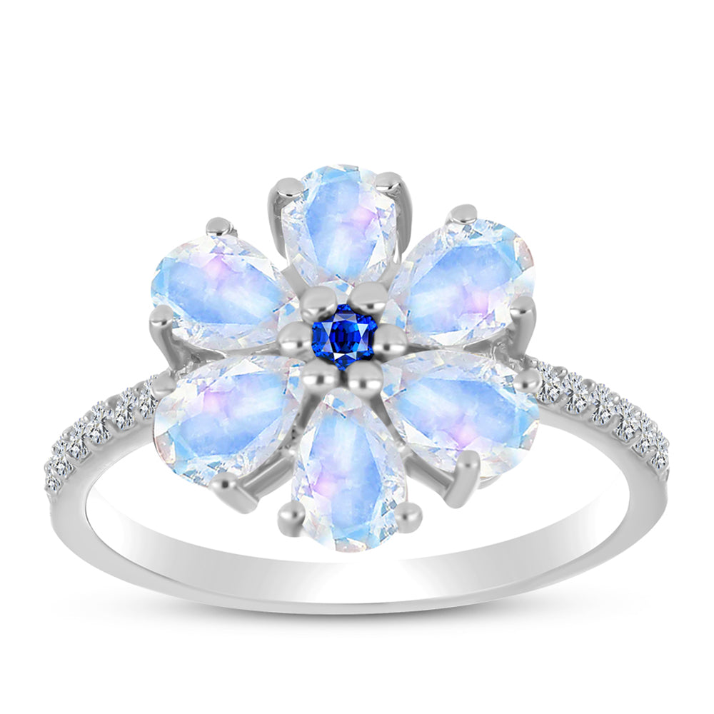 Anillo de Plata con Zafiro Azul Australiano y Piedra Lunar Arco Iris