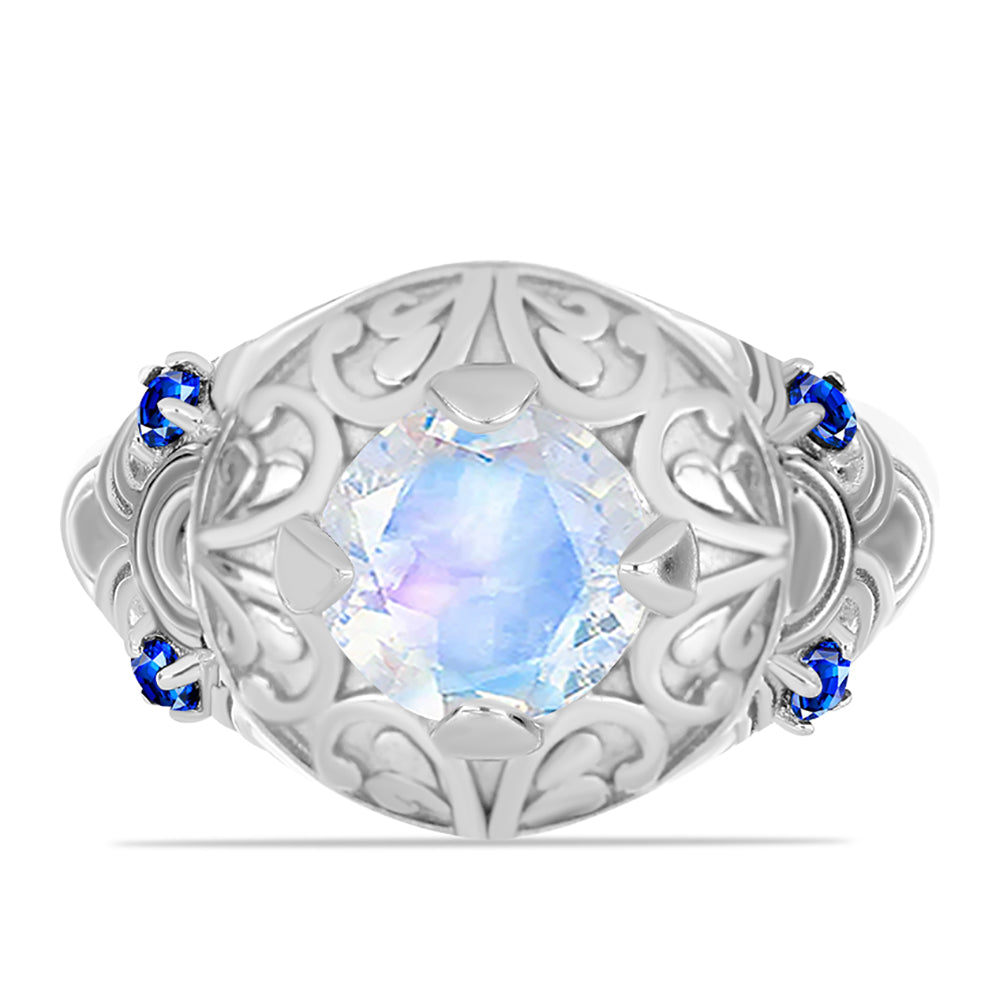 Anillo de Plata con Zafiro Azul Australiano y Piedra Lunar Arco Iris 1 