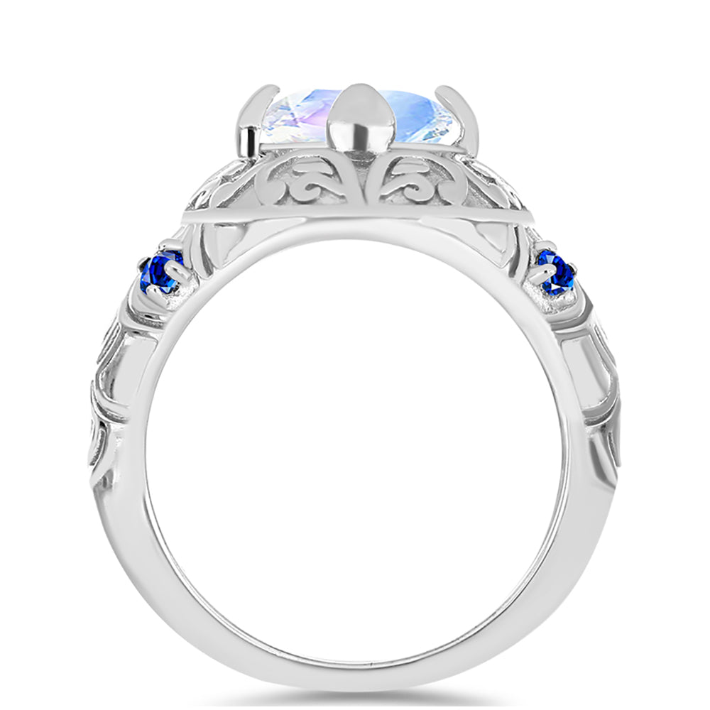 Anillo de Plata con Zafiro Azul Australiano y Piedra Lunar Arco Iris