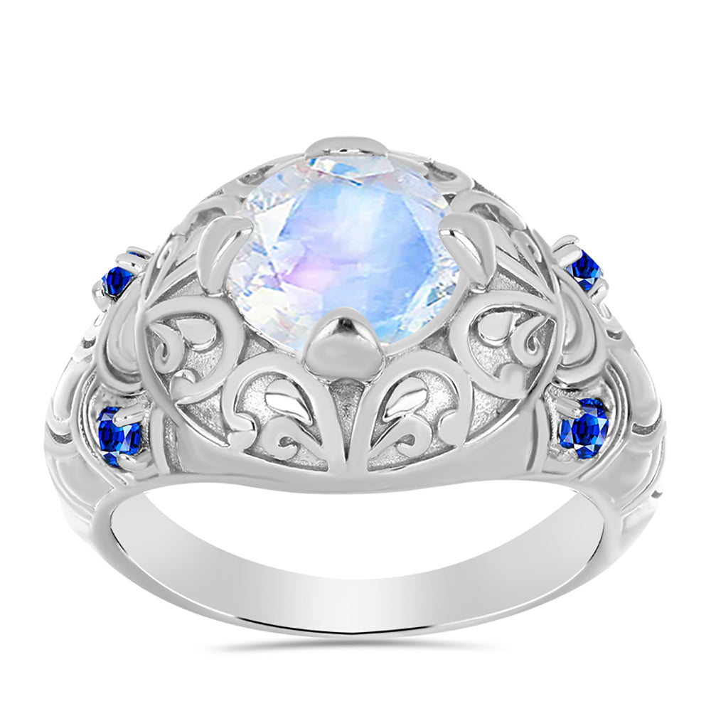 Anillo de Plata con Zafiro Azul Australiano y Piedra Lunar Arco Iris